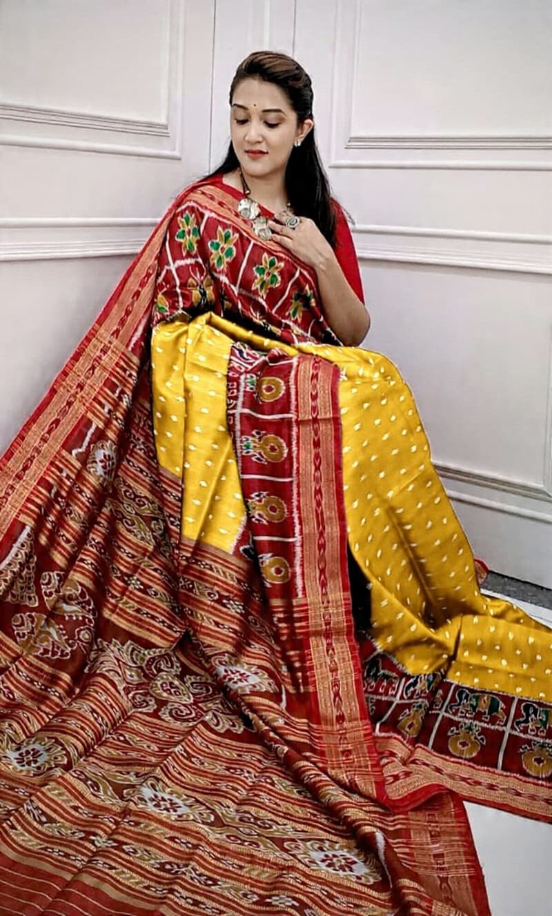 Sambalpuri Silk Saree - Yellow & Red Pasapali