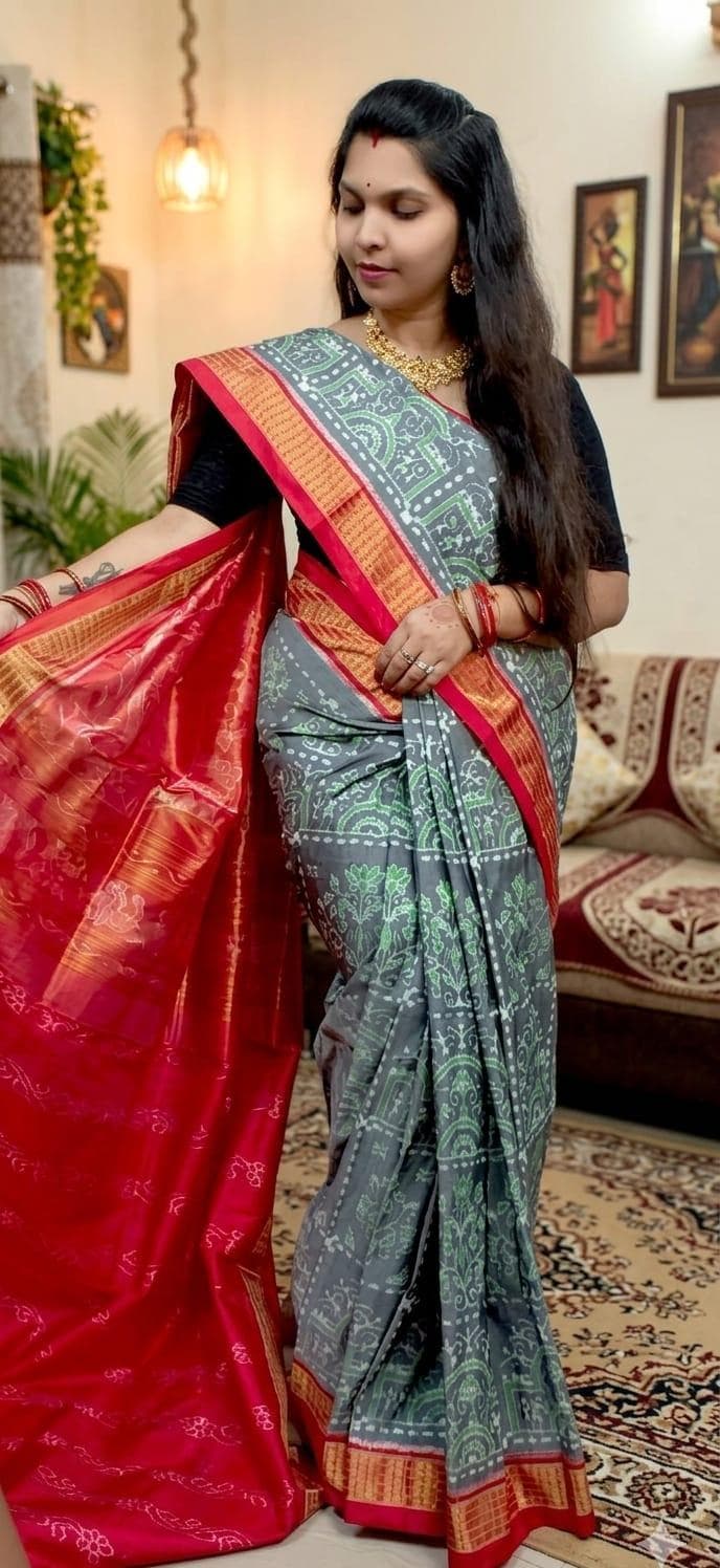Sambalpuri Silk Saree - Grey & Green