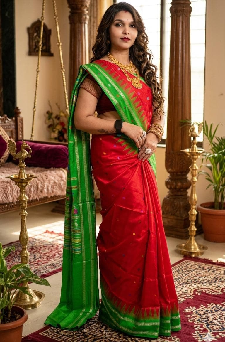 Berhampuri Pata Silk Saree - Red & Green