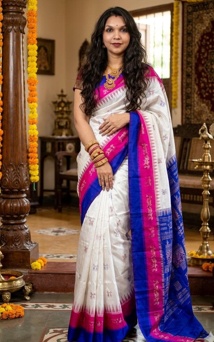 Sambalpuri Silk Saree - White, Pink & Blue