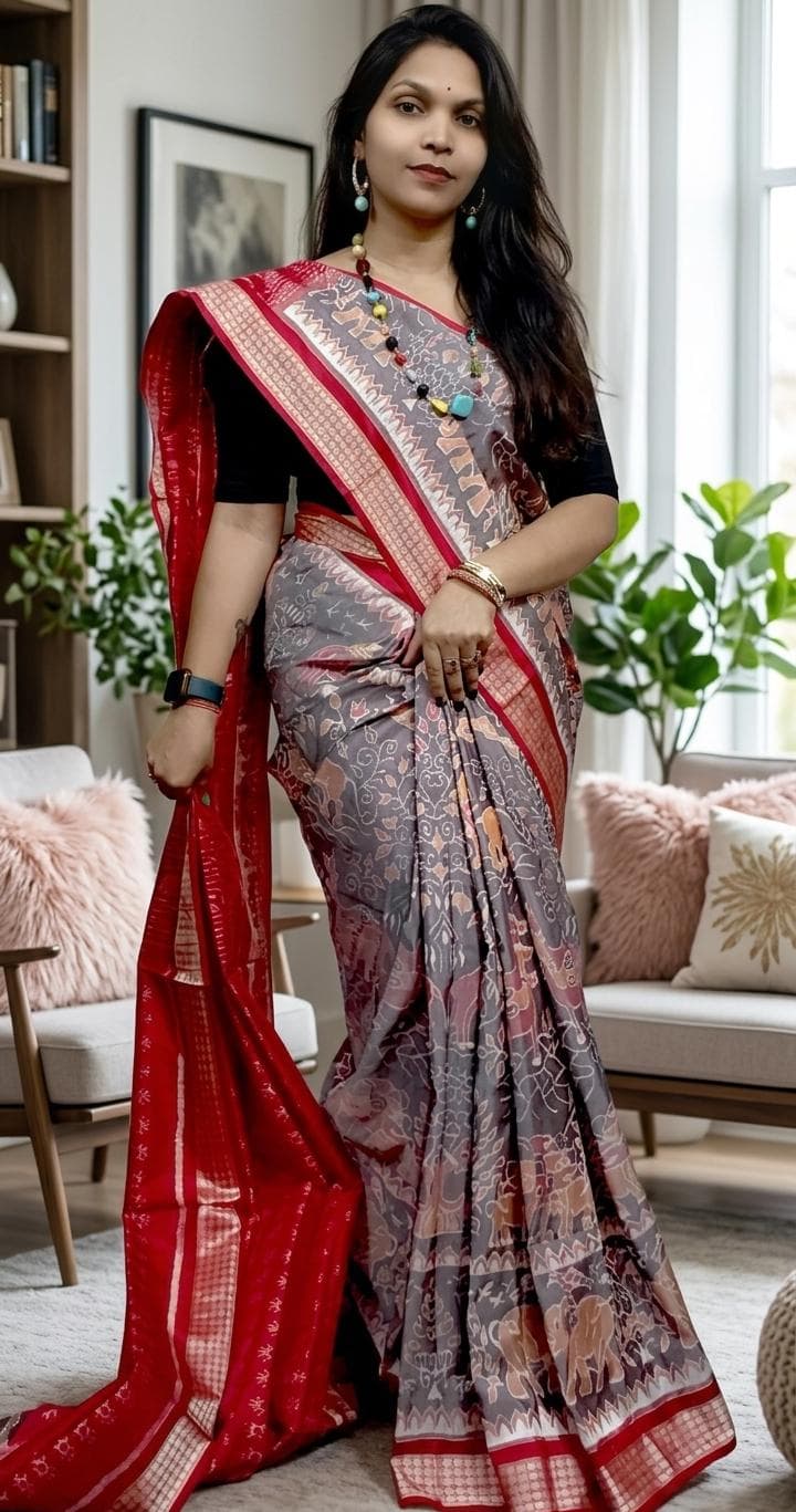 Sambalpuri Bandha Silk Saree - Grey & Red
