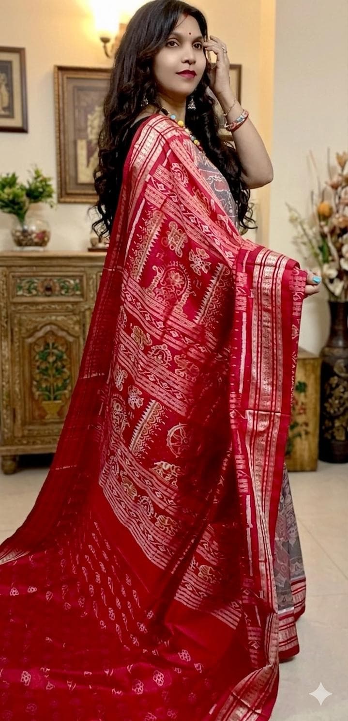 Sambalpuri Bandha Silk Saree - Grey & Red
