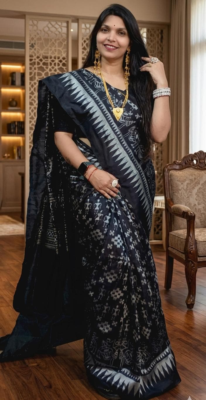 Sambalpuri Ikat Silk Saree - Black & Silver