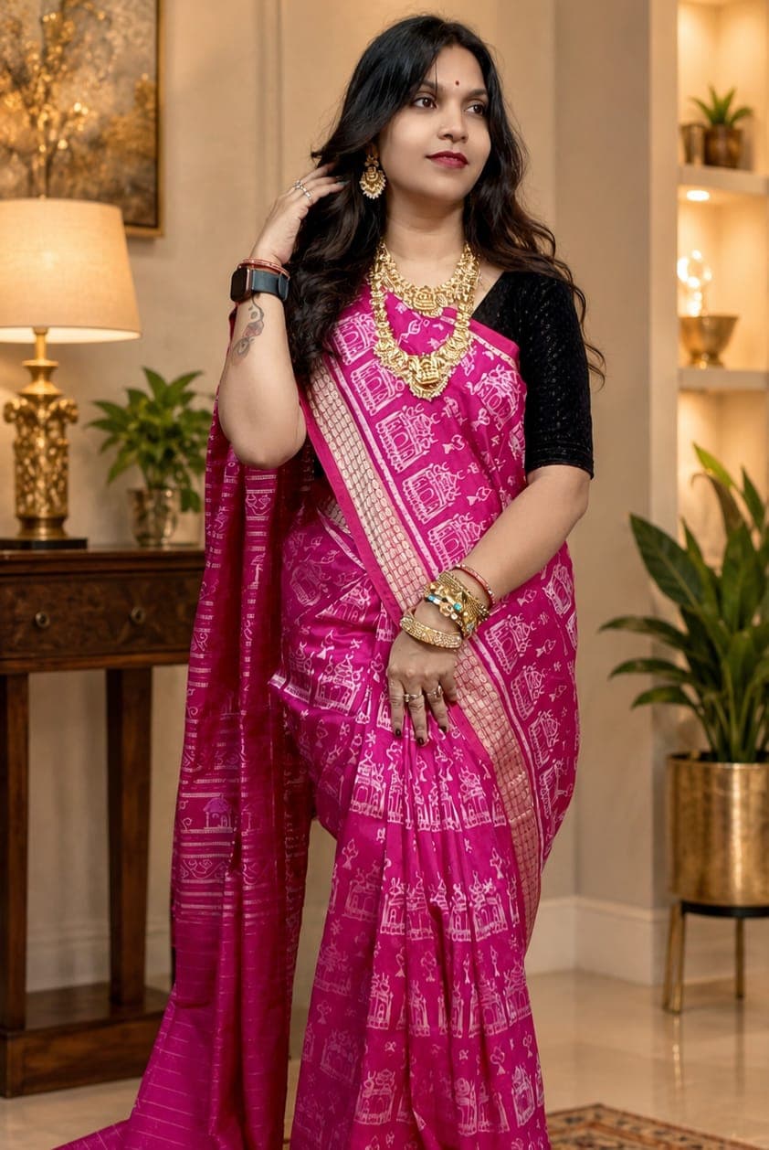 Sambalpuri Silk Saree - Rani Pink Village Motif