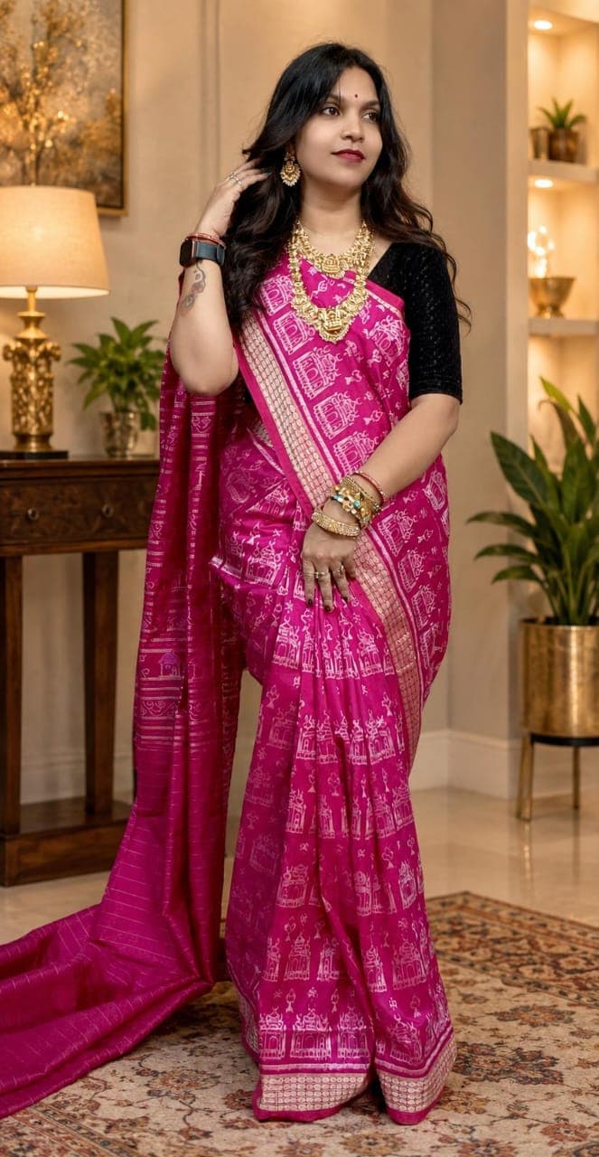 Sambalpuri Silk Saree - Rani Pink Village Motif